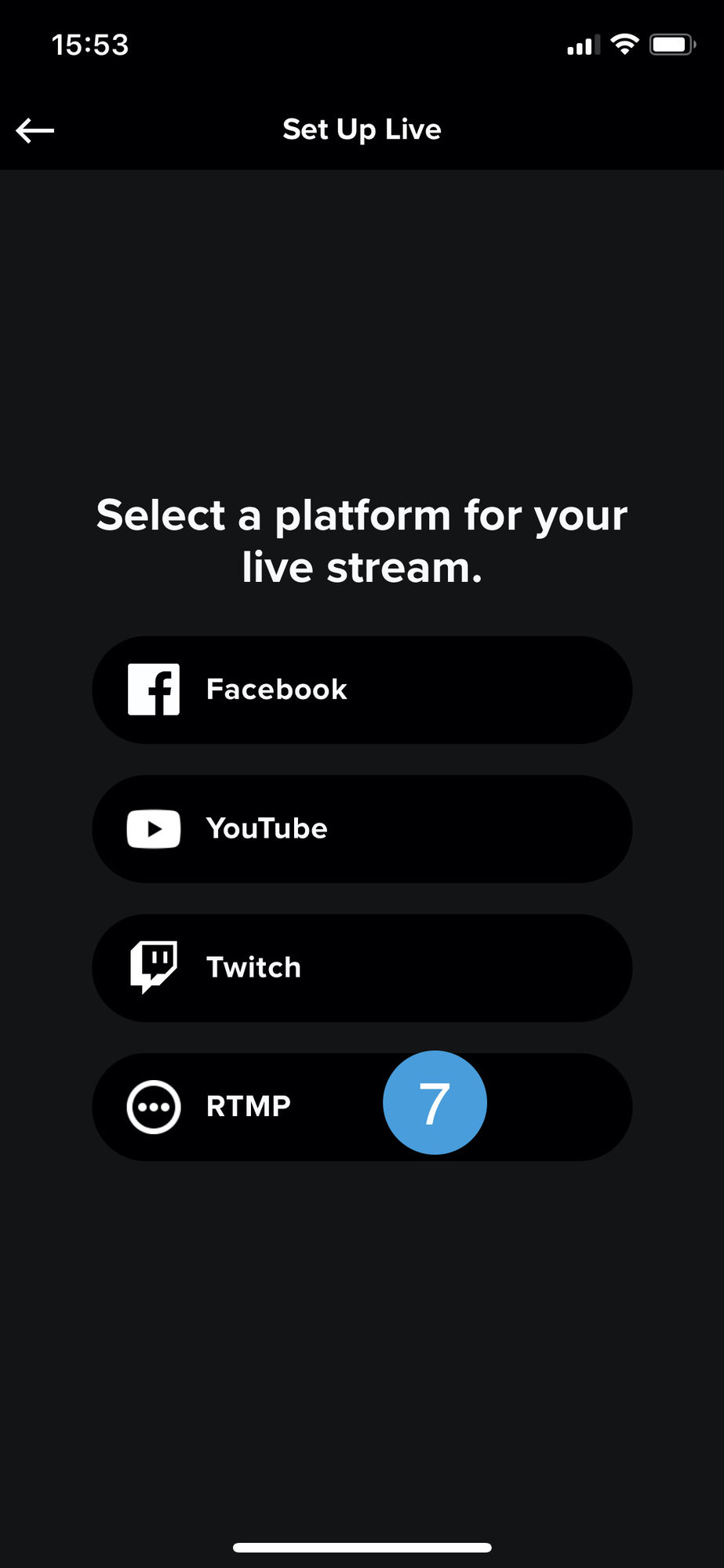 The Set Up Live platform list, showing Facebook, YouTube, Twitch, and RTMP