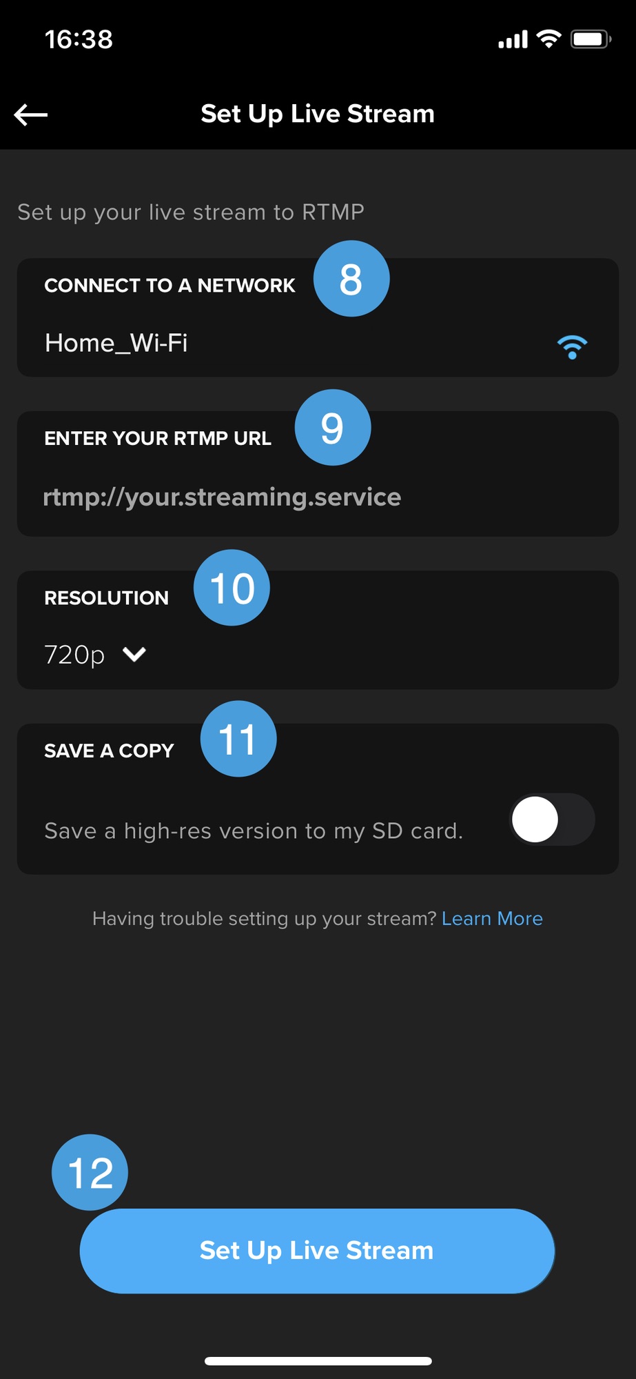 The RTMP setup screen with fields for network, RTMP URL, resolution, and saving a copy to the SD card
